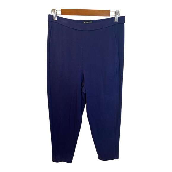 Eileen Fisher Pants Size Petite Med Blue Tapered Knit Stretch Sweatpants Pockets - Picture 1 of 5